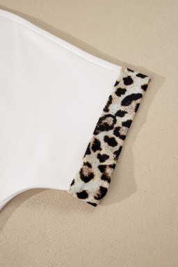 White Contrast Leopard Bow Patched Short Sleeve T Shirt Long Dress