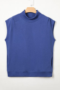 Sky Blue Solid Color High Neck Cap Sleeve Loose Top