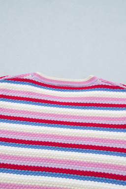 Multicolour Textured Stripes Knit Short Sleeve Sweater