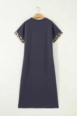 Dark Grey Contrast Leopard Bow Patched Short Sleeve T Shirt Long Dress