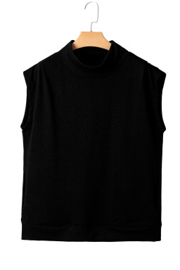 Black Solid Color High Neck Cap Sleeve Loose Top