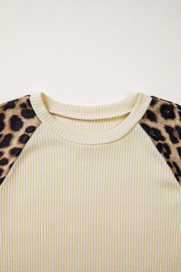 Apricot Ribbed Color Block Leopard Contrast Sleeve Loose Tee