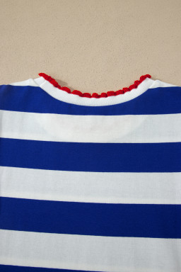 Blue Stripe Contrast Trim Round Neck Short Puff Sleeve Shift Mini Dress