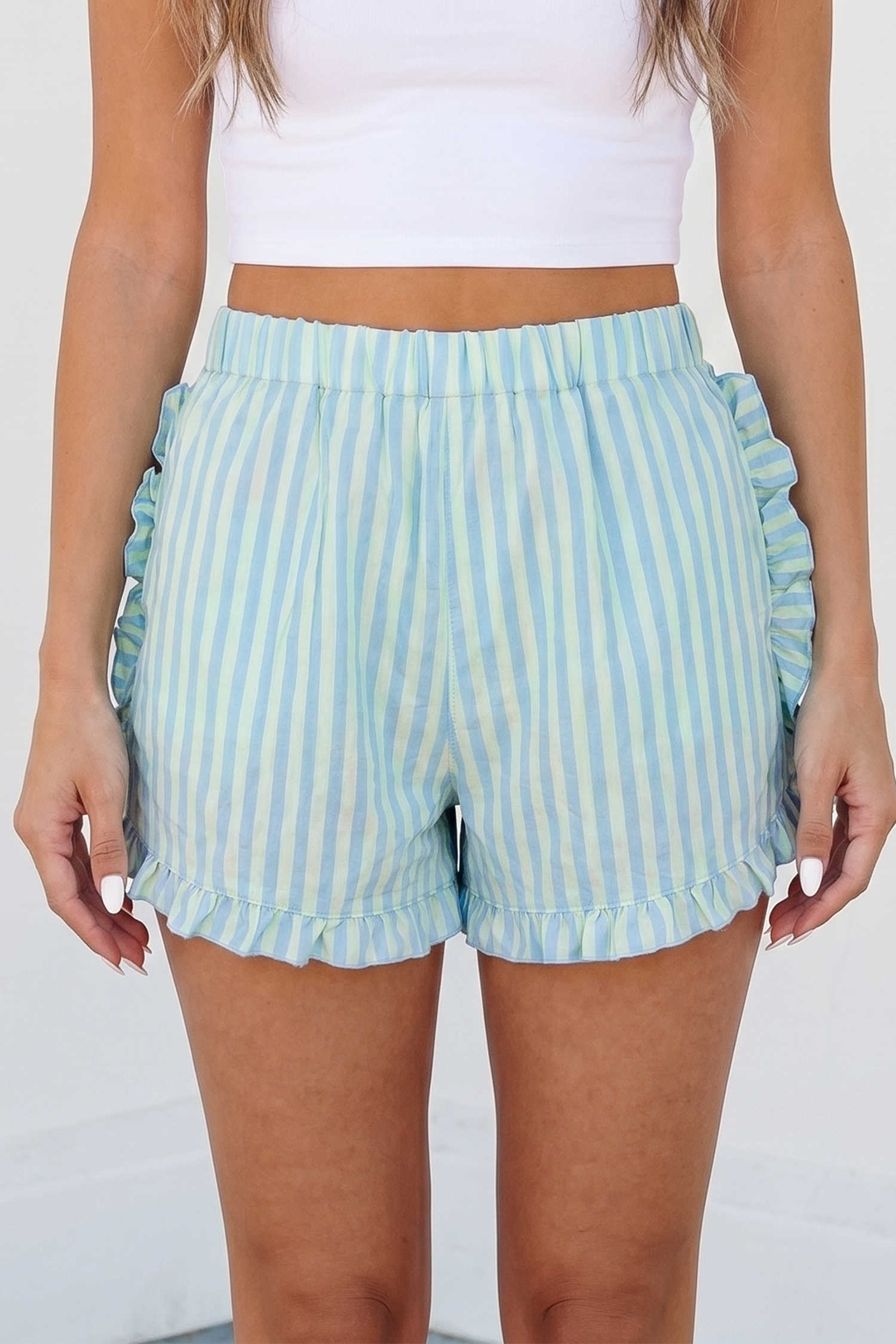 Sky Blue Stripe Elastic Waist Ruffle Trim Casual Shorts