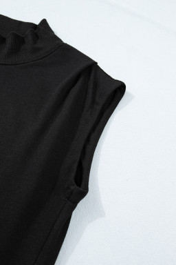 Black Solid Color High Neck Cap Sleeve Loose Top