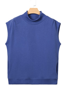 Sky Blue Solid Color High Neck Cap Sleeve Loose Top