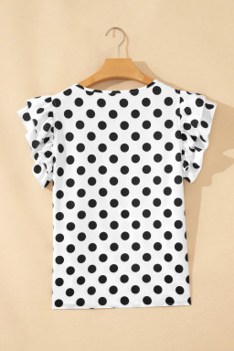 White Polka Dot Print Ruffled Short Sleeve Blouse