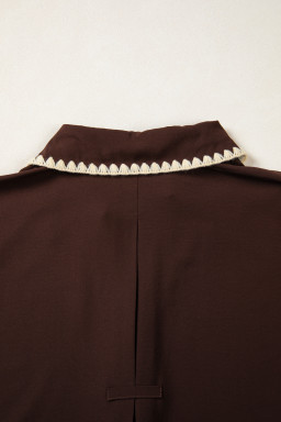 Coffee Shirt Collar Contrast Trim Button V Neck Short Sleeve Blouse