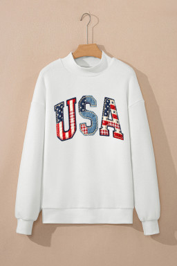 White Faux Patchwork Print USA Flag Double Side Printed Reversible Sweatshirt