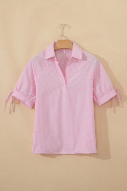 Pink Striped Print Collared Split Neck Half Sleeve Blouse