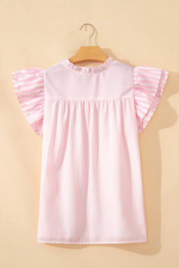 Pink Stripe Contrast Trim V Neck Flutter Sleeve Blouse