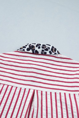 Red Stripe Leopard Contrast Trim Half Button Blouse