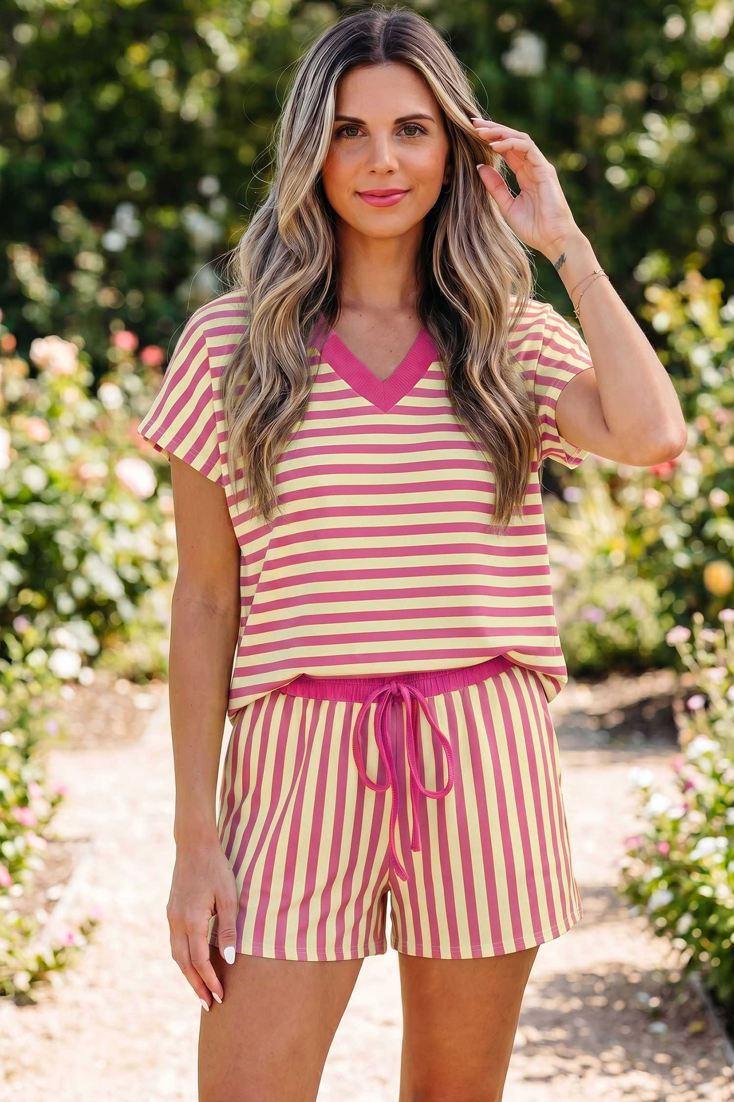 Pink Stripe Colorblock Trim V Neck Tee Drawstring Elastic Waist Short Set