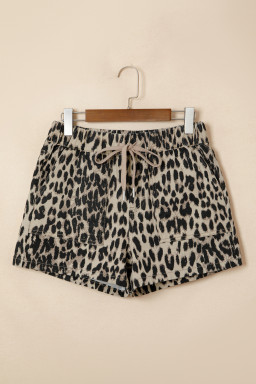 Brown Retro Leopard Print Lace-up Elastic Waistband Mid Rise Denim Shorts