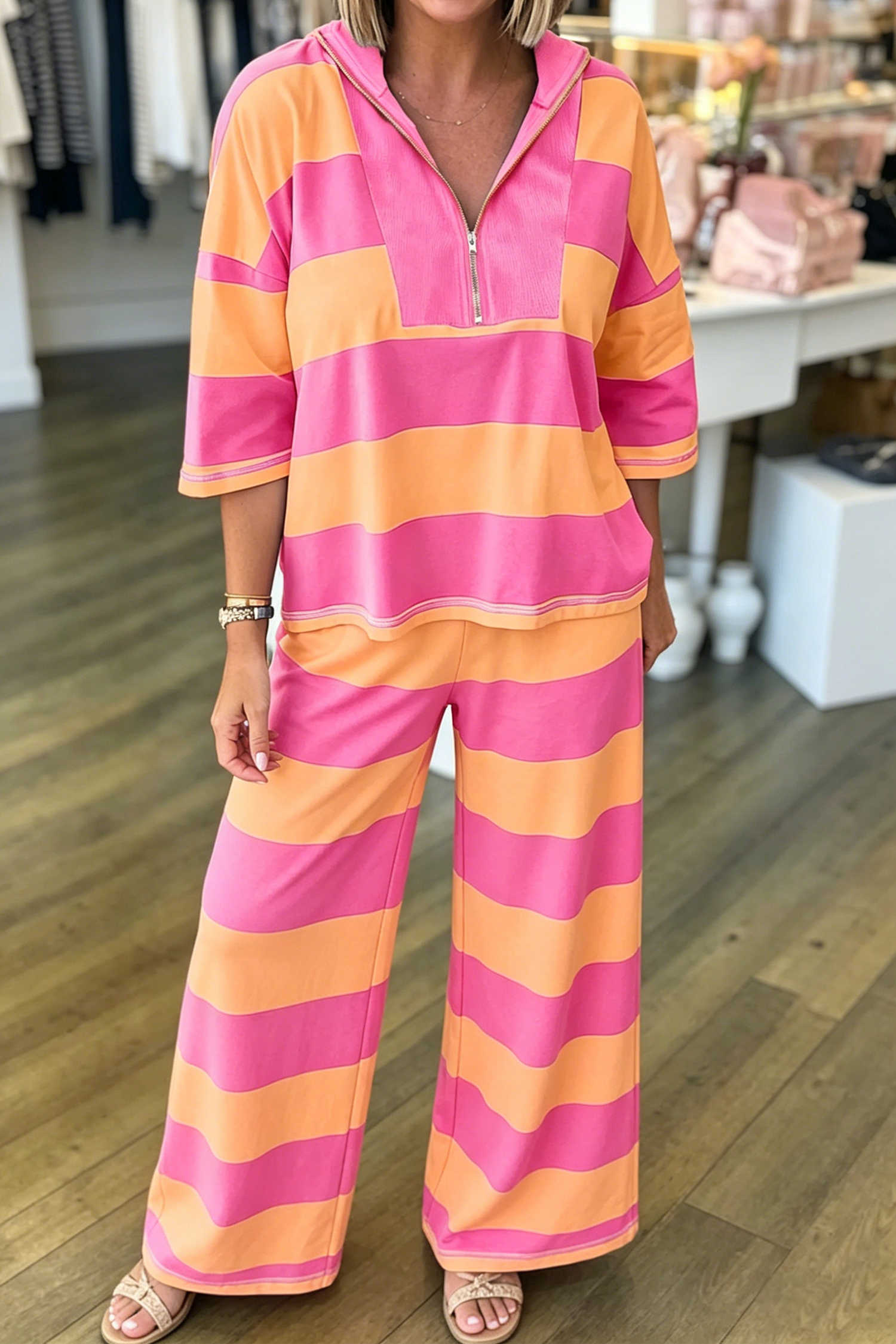 Orange Stripe Striped Colorblock Half Sleeve Casual Two Piece Set Pants
