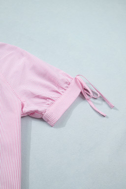 Pink Striped Print Collared Split Neck Half Sleeve Blouse