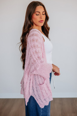 Pink Hollowed Pattern Knit Drop Shoulder Open Sweater Cardigan