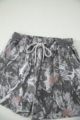 Gray Abstract Maple Leaf Printed Tie Elastic Waist Shorts