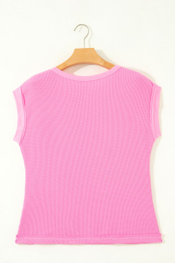 Pink Solid Color Raw Seam Waffled Patchwork Casual T Shirt