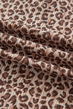 Brown Leopard Print Ribbed Patchwork Half Button Loose Tee Elastic Waist Short 2pcs Set