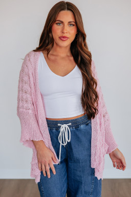 Pink Hollowed Pattern Knit Drop Shoulder Open Sweater Cardigan