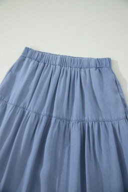 Beau Blue Elastic Waist Ruffled Tiered Flared Denim Maxi Skirt