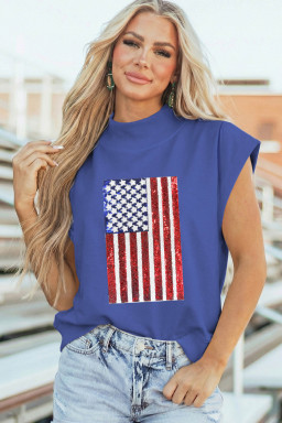 Sky Blue Sequin American Flag High Neck Short Sleeve Top
