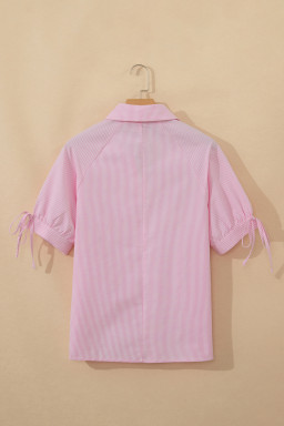 Pink Striped Print Collared Split Neck Half Sleeve Blouse