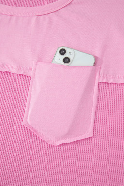 Pink Solid Color Raw Seam Waffled Patchwork Casual T Shirt