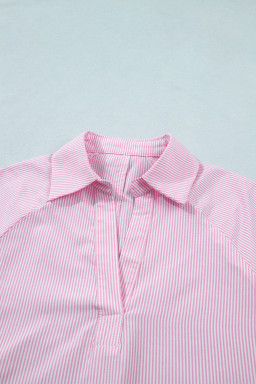 Pink Striped Print Collared Split Neck Half Sleeve Blouse