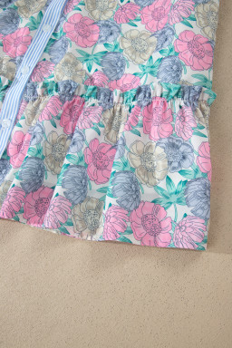 White Floral Print Striped Contrast Trim Belted Short Dress