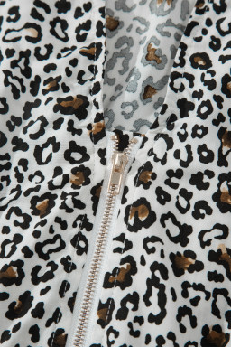 Beige Leopard Zip Front V Neck Cinched Waist Sleeveless Maxi Dress