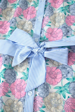 White Floral Print Striped Contrast Trim Belted Short Dress