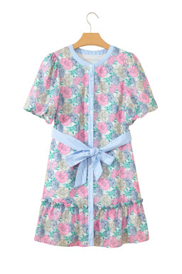 White Floral Print Striped Contrast Trim Belted Short Dress