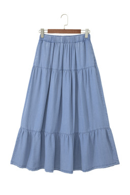 Beau Blue Elastic Waist Ruffled Tiered Flared Denim Maxi Skirt