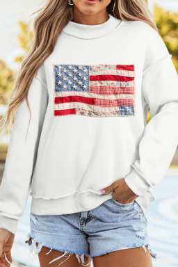 White Faux Patchwork Print USA Flag Double Side Printed Reversible Sweatshirt
