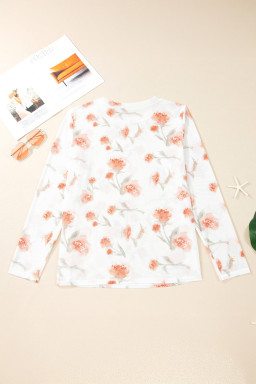 Red Plus Size Floral Print Sheer Mesh Long Sleeve Top