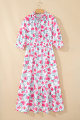 Red Elegant Floral Puff Sleeve Midi Dress