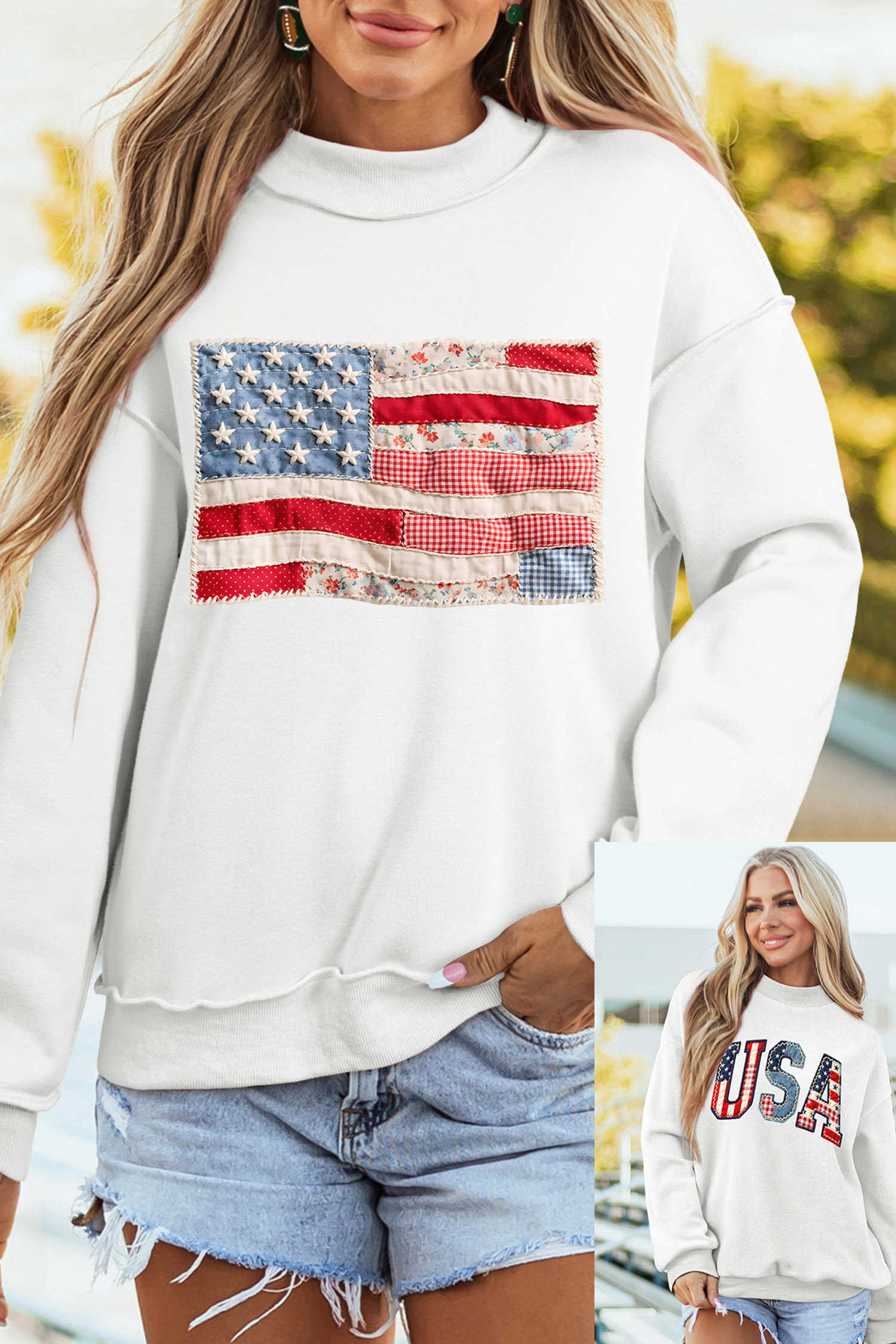 White Faux Patchwork Print USA Flag Double Side Printed Reversible Sweatshirt
