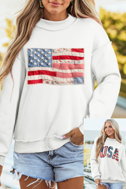 White Faux Patchwork Print USA Flag Double Side Printed Reversible Sweatshirt