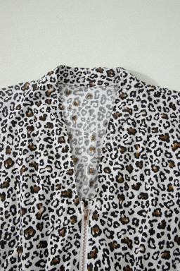 Beige Leopard Zip Front V Neck Cinched Waist Sleeveless Maxi Dress