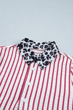 Red Stripe Leopard Contrast Trim Half Button Blouse