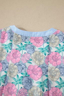 White Floral Print Striped Contrast Trim Belted Short Dress