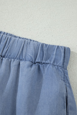 Beau Blue Elastic Waist Ruffled Tiered Flared Denim Maxi Skirt