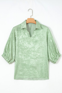 Clearly Aqua Collared V Neck Half Sleeve Metallic Top