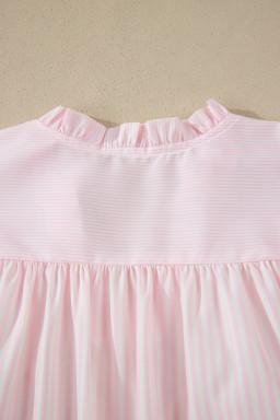 Pink Stripe Contrast Trim V Neck Flutter Sleeve Blouse