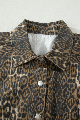 Gray Leopard Print Short Sleeve Pleated Denim Mini Dress