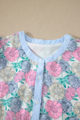 White Floral Print Striped Contrast Trim Belted Short Dress