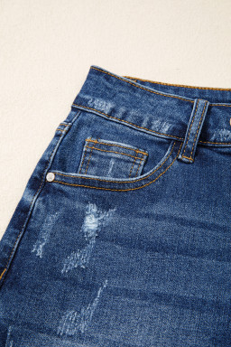 Sail Blue Asymmetric Raw Hem Distressed Whiskery Denim Shorts