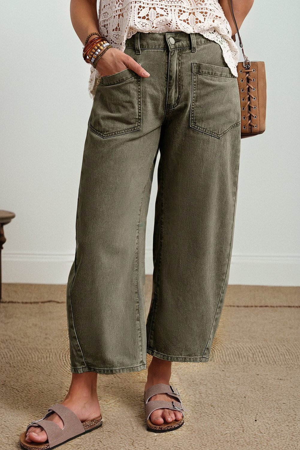 Four Leaf Clover Solid Color Square Patch Pocket Ankle-length Barrel Jeans